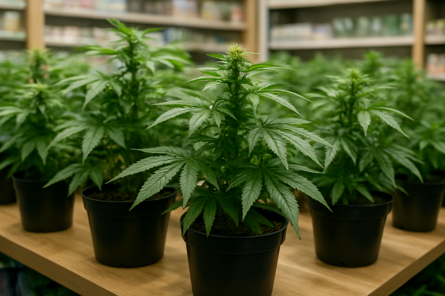 A row of healthy cannabis plants in black pots on a wooden shelf with blurred products in the background.