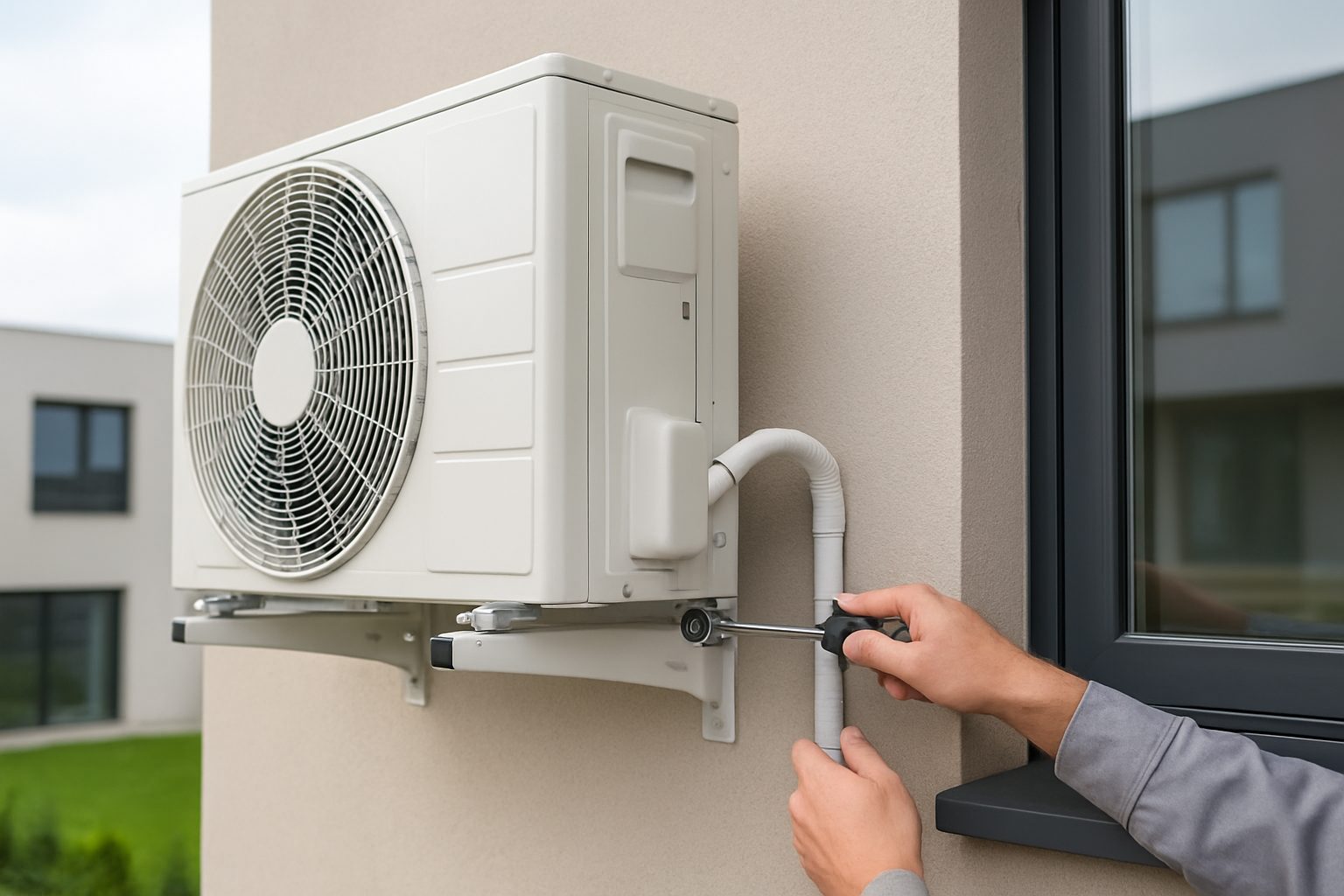 Technician installing an air conditioning unit on a wall