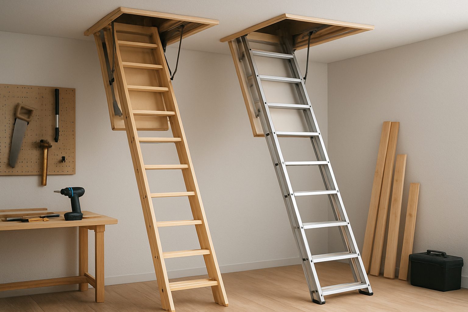 Two loft ladders, one wooden and one aluminum, positioned in a workshop with tools in the background.