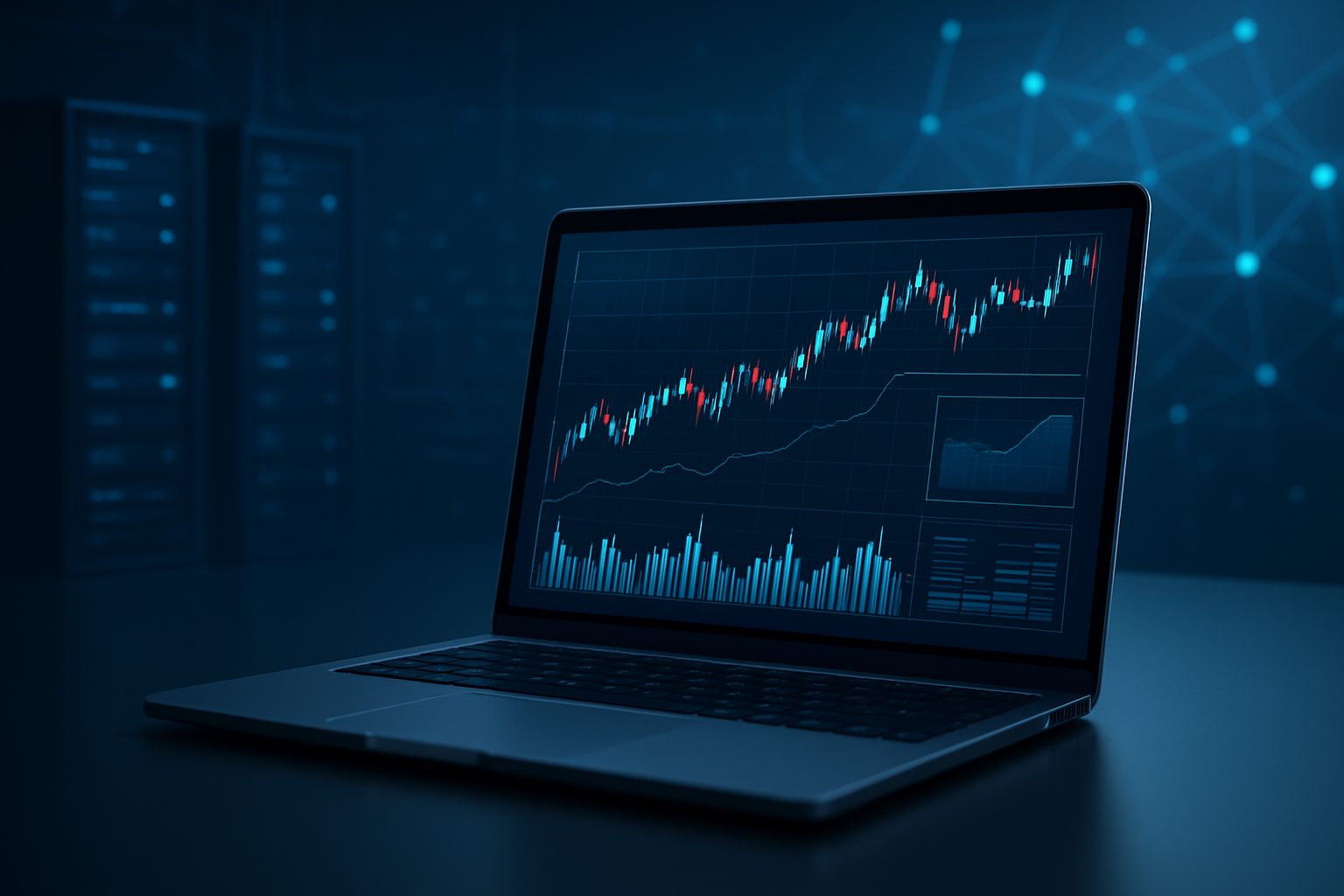 Laptop displaying financial trading graphs and charts on a dark background.