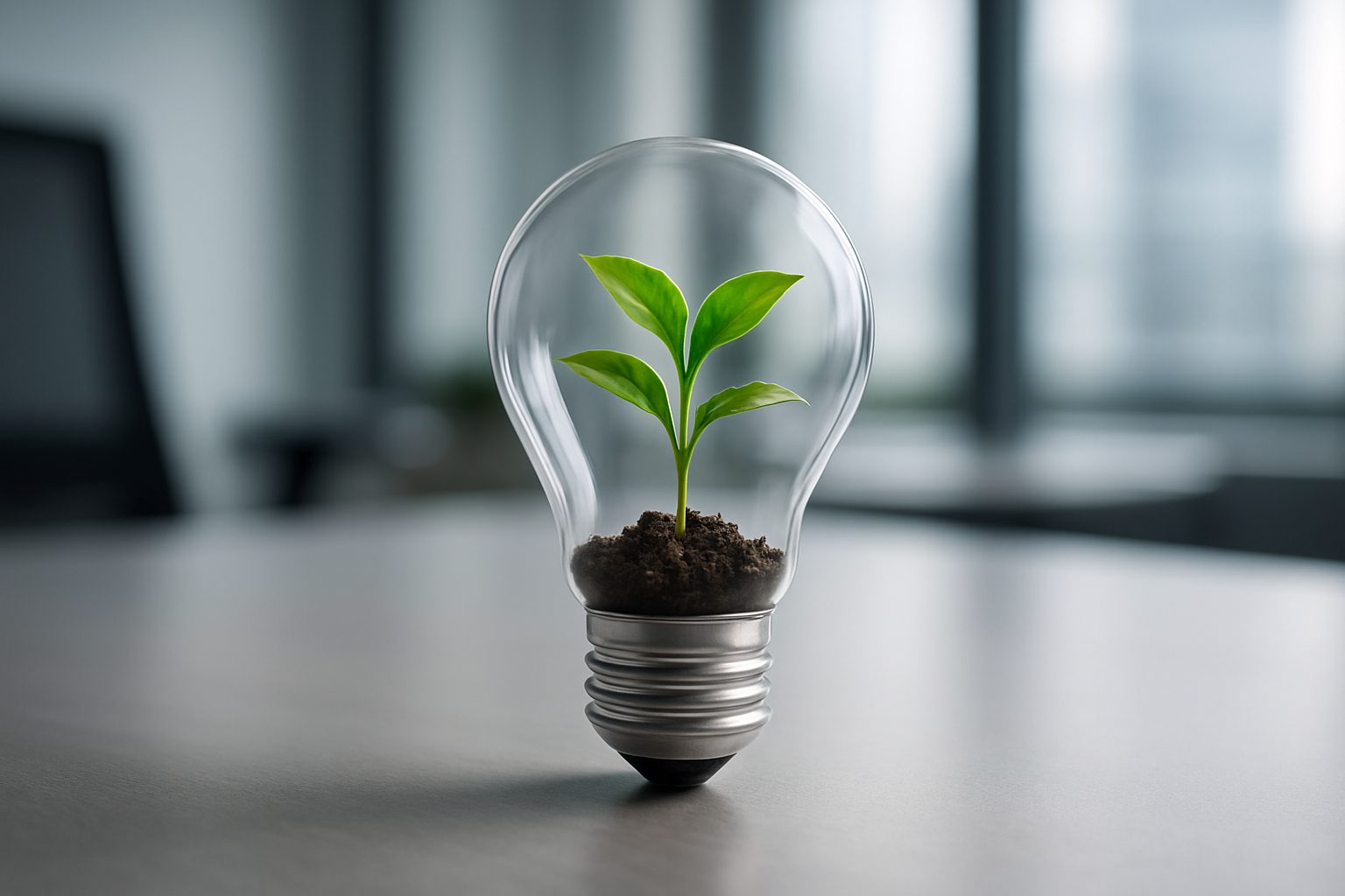 A light bulb containing a small green plant and soil against a blurred office background.