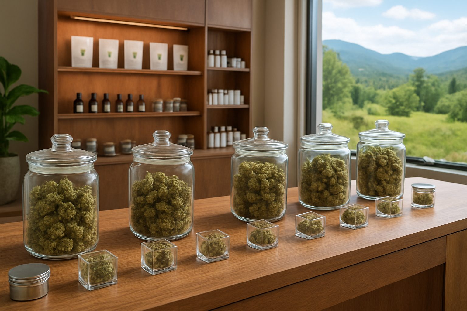 Different jars of cannabis buds displayed in a dispensary setting